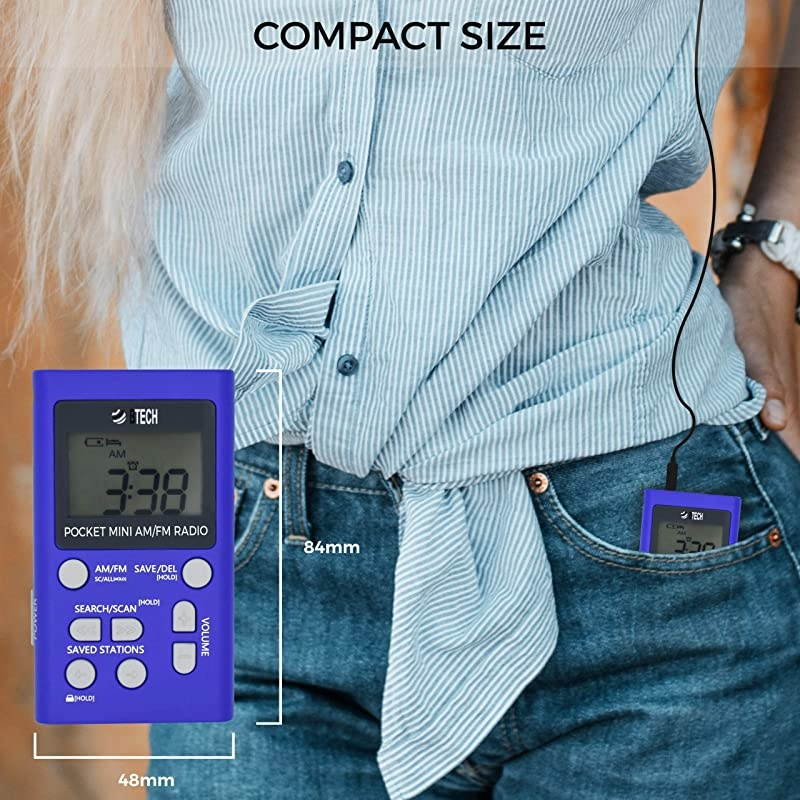 MPRAF1 AM FM Personal Radio with Two Types of Stereo Headphones Clock Great Reception and Long Battery Life Mini Pocket Walkman Radio with Headphones Blue