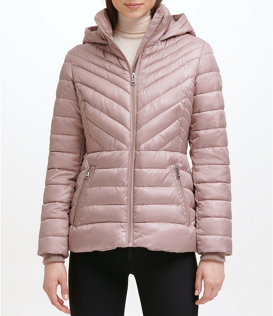 Kenneth Cole New York Short Water-Resistant Stand Collar Hooded Long Sleeve Chevron Puffer Jacket