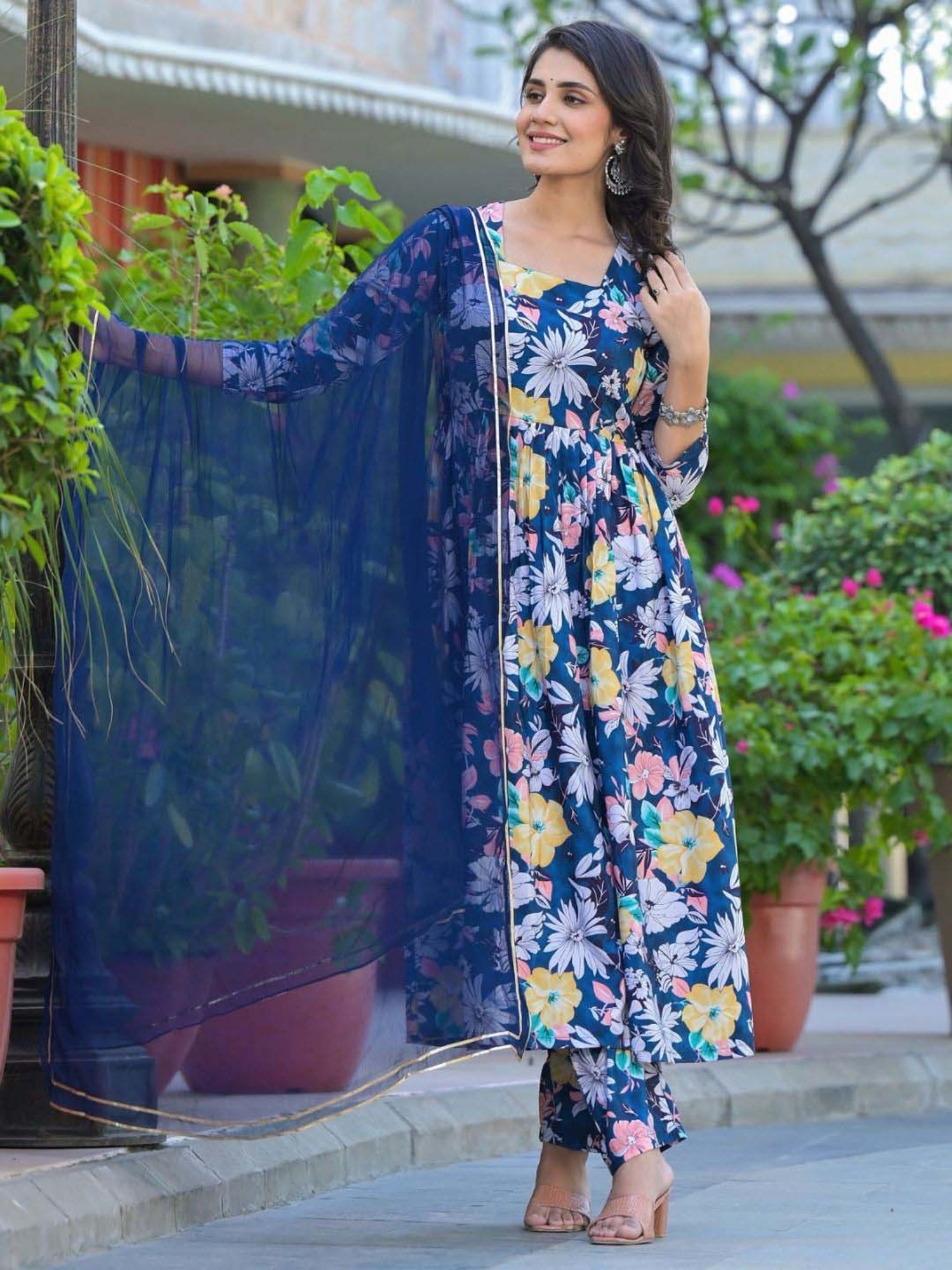 Odette Blue Printed Kurta Pant Set With Dupatta