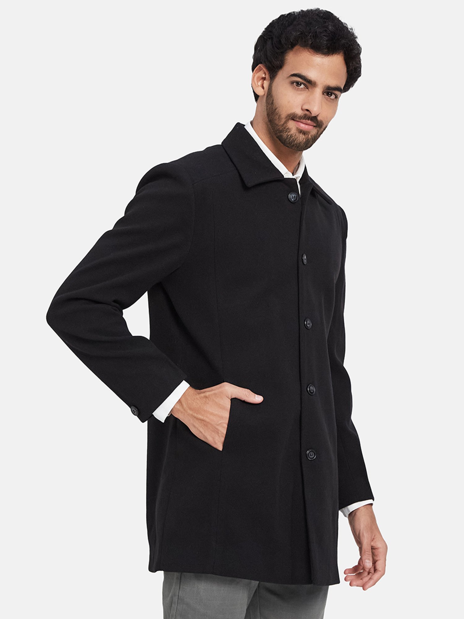 METTLE Black Regular Fit Shirt Collar Overcoat