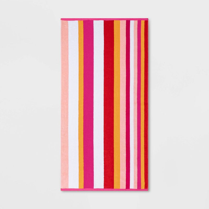 Warm Striped Sand Resistant Beach Towel Pink - Sun Squad™
