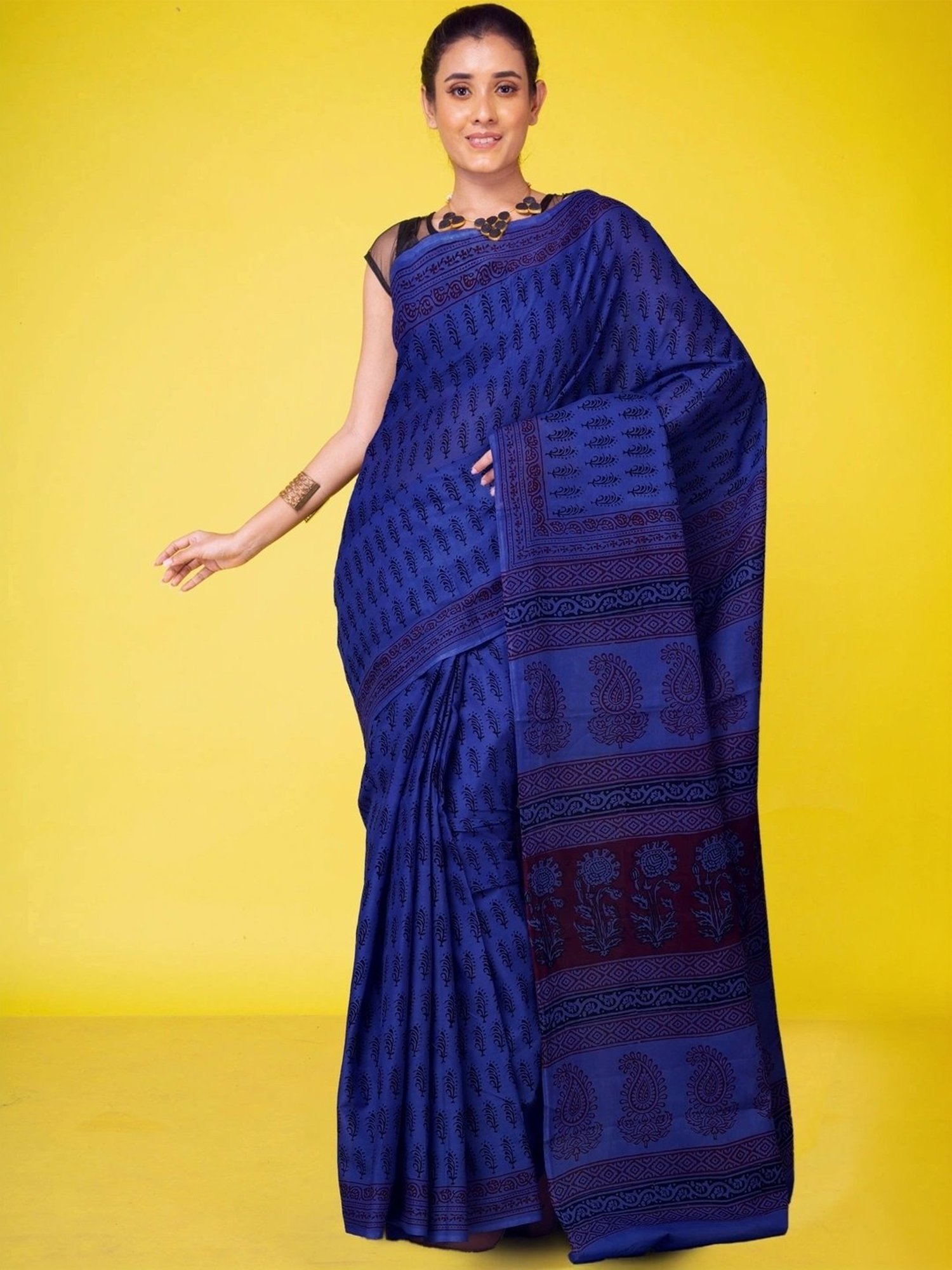 Unnati Silks Blue & Black Cotton Printed Saree With Unstitched Blouse