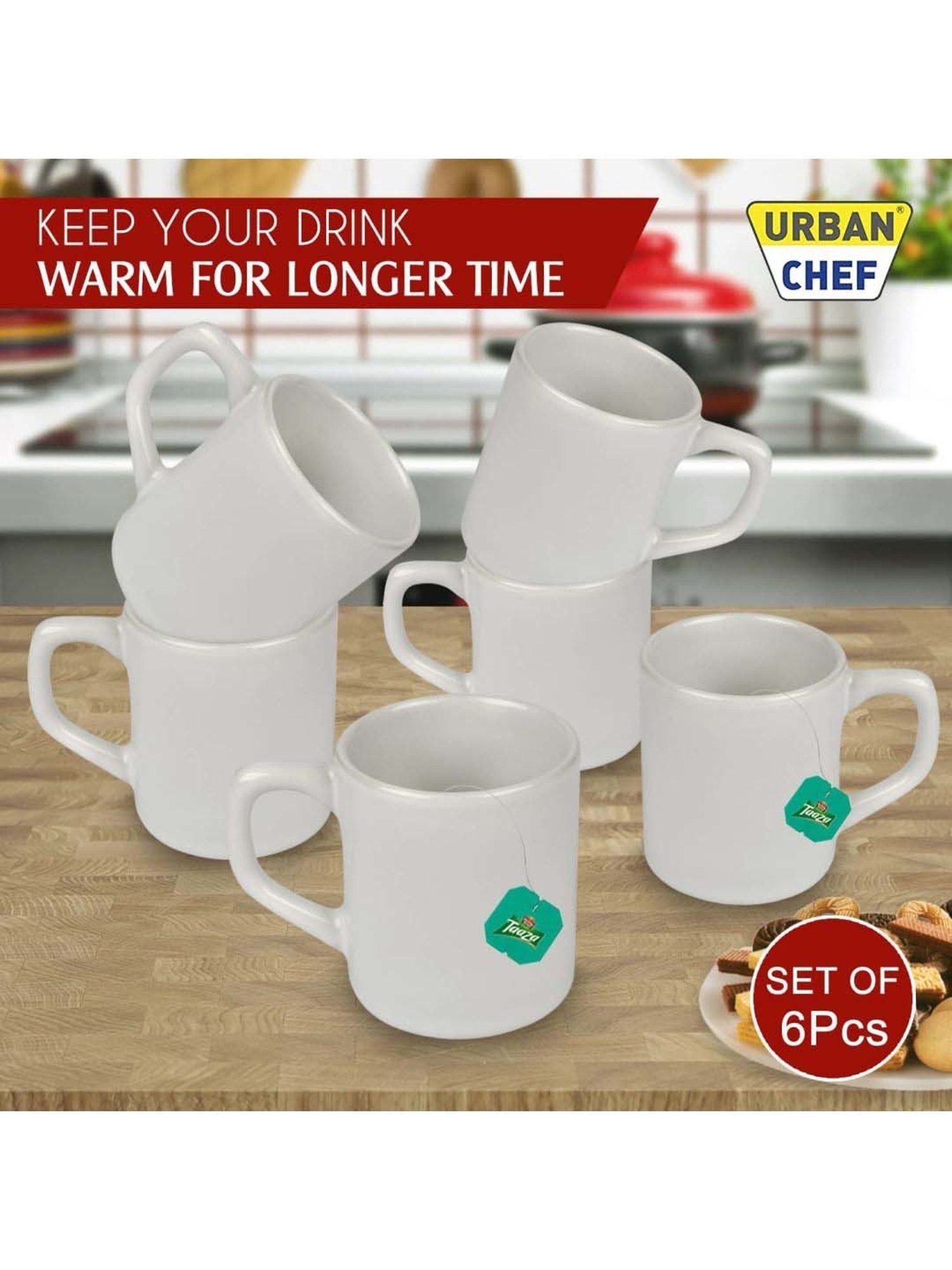 Urban Chef White Ceramic Droite Handcrafted Microwave Safe Cup - Set of 6