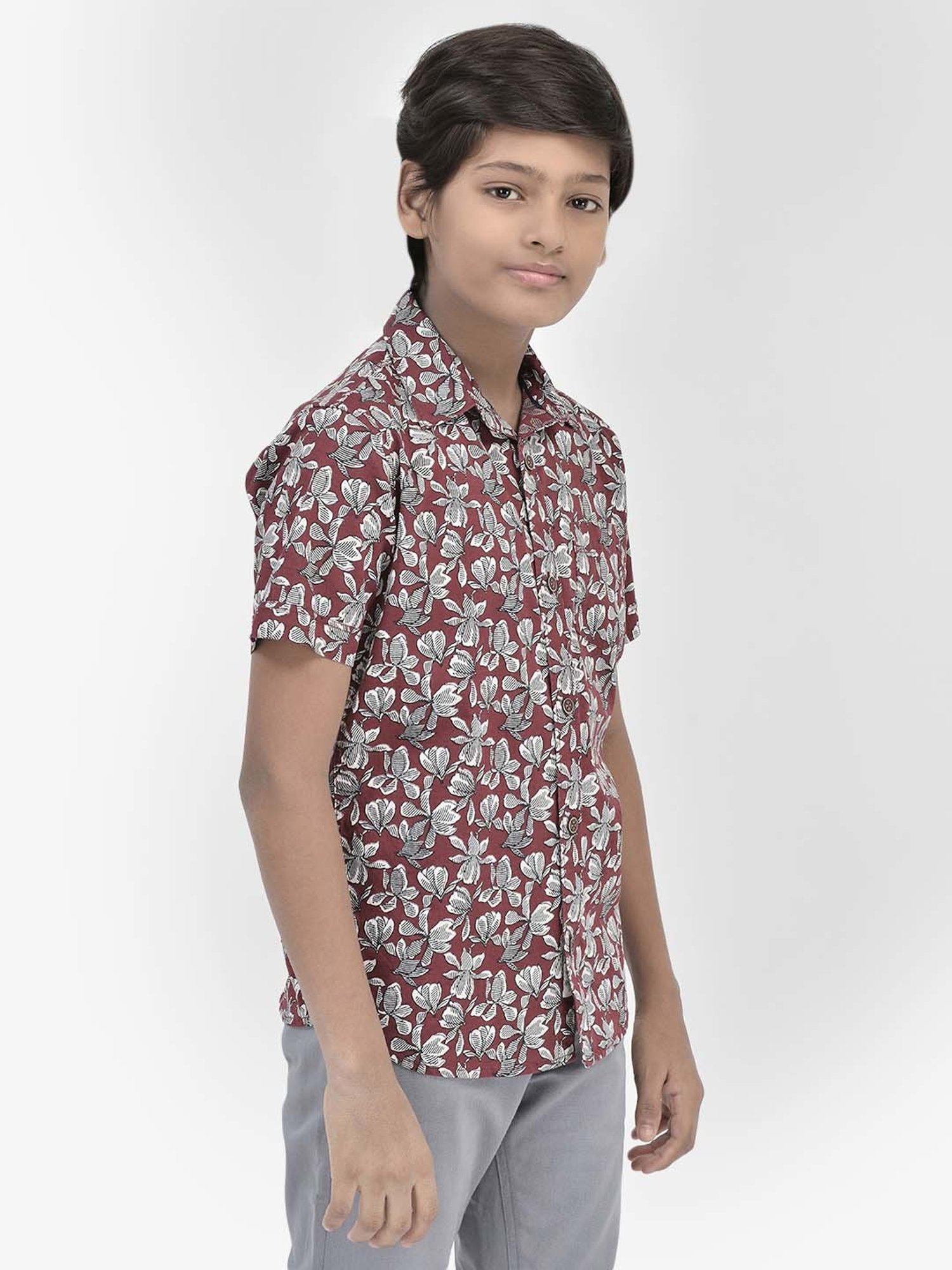 Crimsoune Club Kids Maroon Cotton Floral Print Shirt