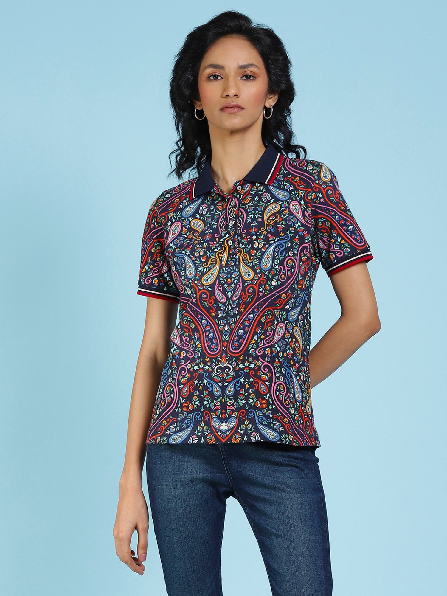 Label Ritu Kumar Navy Printed Polo T-Shirt