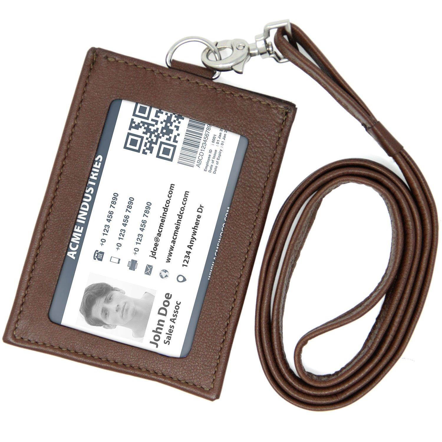 Logical Leather ID Lanyard with Detachable Vertical Badge Holder - Genuine Leather Lanyards for Women & Men (Brown)