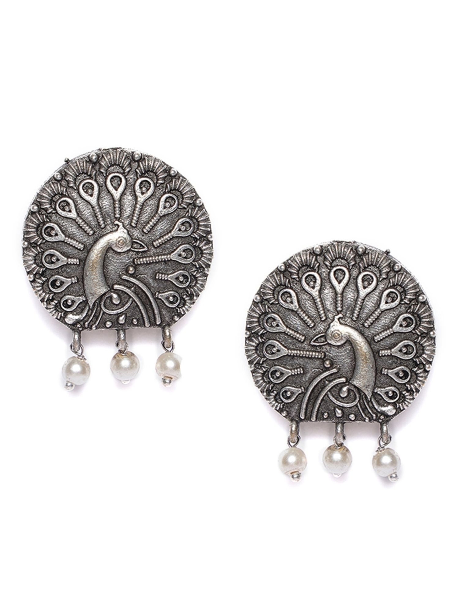 Aatmana Oxidized Peacock Shaped White Stud Earrings for Women