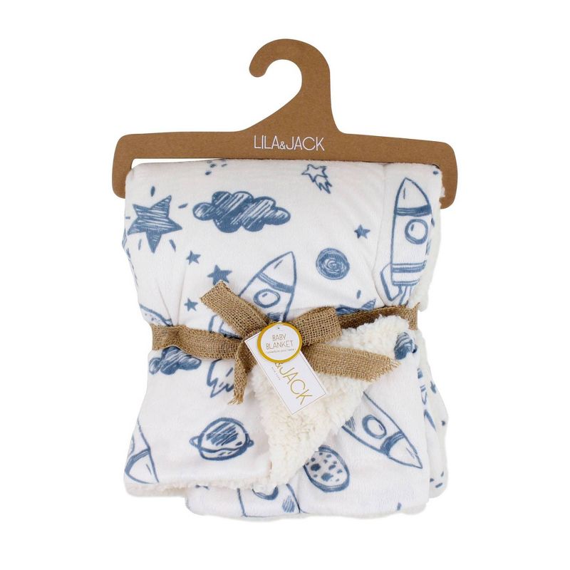 Lila and Jack Baby Blanket Blue Rocket Printed Mink with Natural Sherpa Backing Kids' Throw