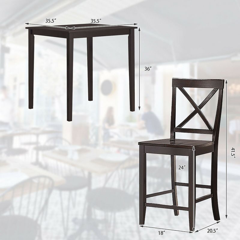 Costway 3-Piece Kitchen Dining Set Counter-Height Square Table with 2 Chairs Rubber Wood Espresso