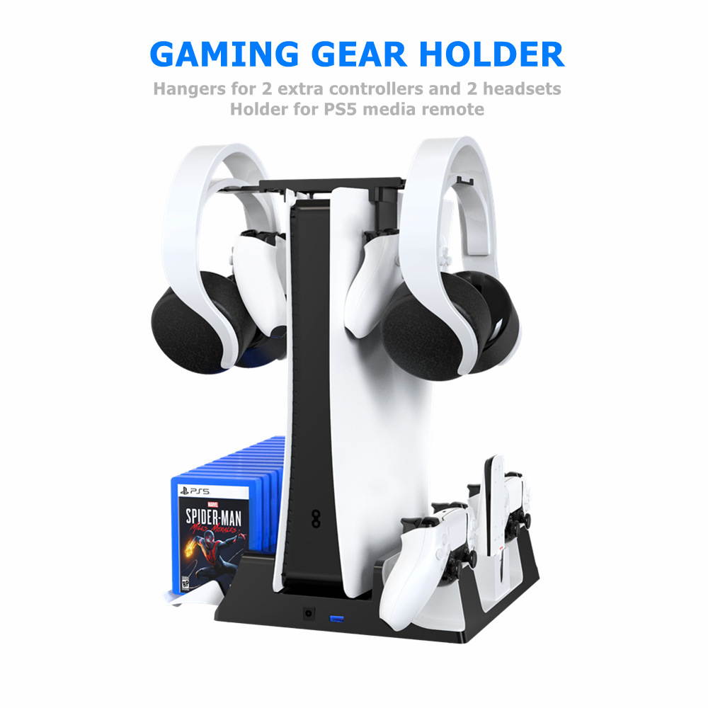 PS5 multifunctional Cooling Stand with Charging Station and Suction Cooling Fan, Dual Controller Wireless Charger Station, Charging Dock Station and Game Slots