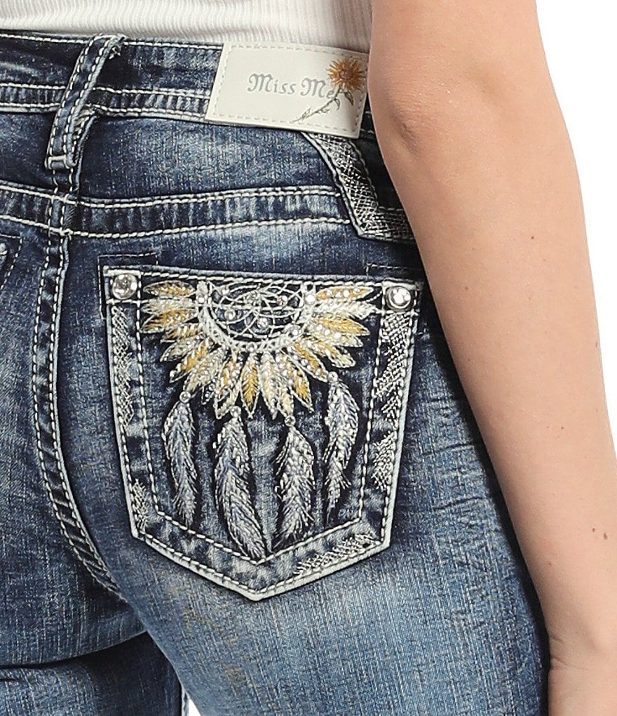 Miss Me Mid Rise Embellished Sunflower Pocket Bootcut Jeans
