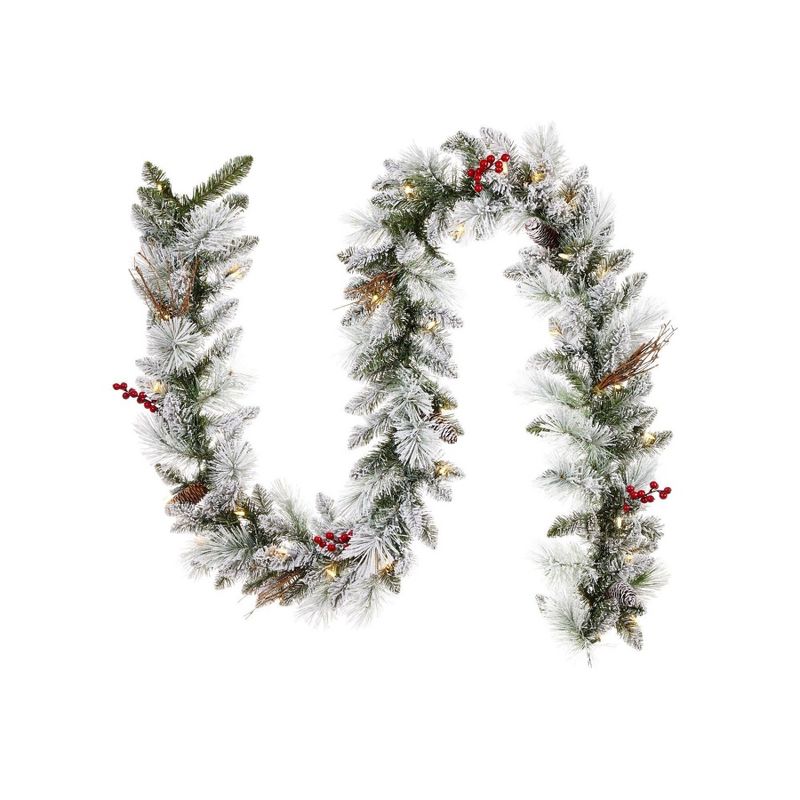 Noma Snow Dusted Berry and Pinecone 9 Foot Pre Lit 162 PE and PVC Pine Needle Christmas Garland Indoor and Outdoor Home Holiday Mantle Decor