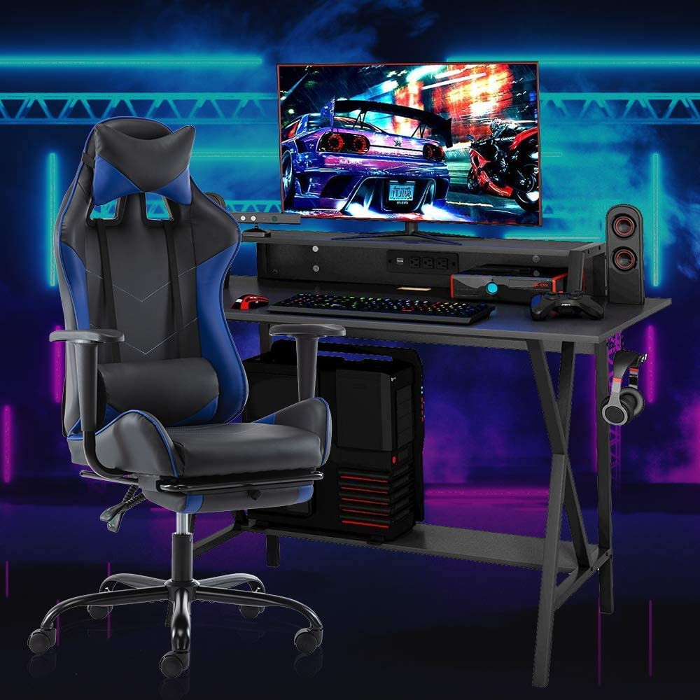 SMUGDESK Gaming Chair with Footrest Racing Style Recliner with Lumbar Support, Ergonomic Office Armchair for Computer PU Leather High Back Desk Chair Headrest Swivel Rocking Desk Chair, Blue