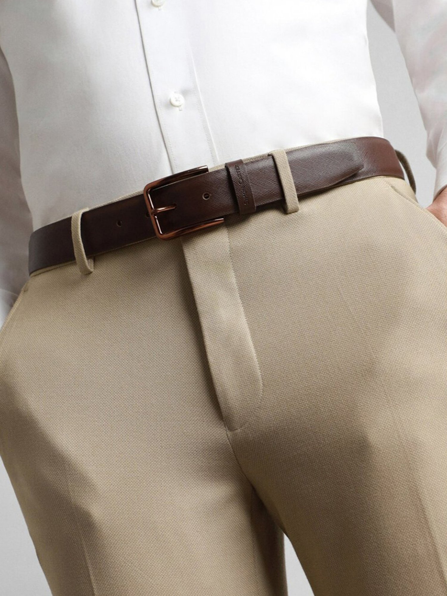 Simon Carter Brown Leather Textured Formal Belt for Men