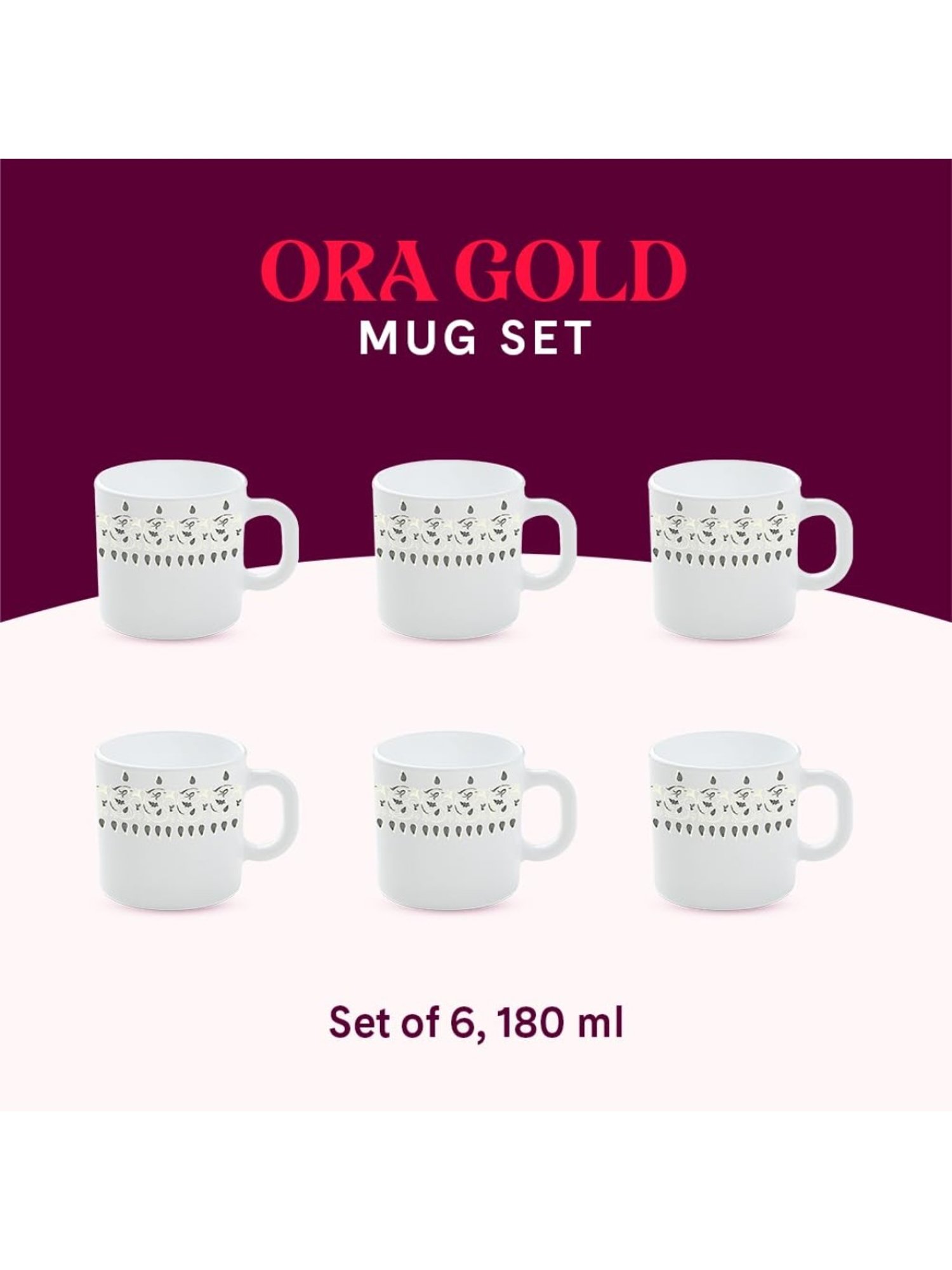 Larah by Borosil White Ceramic Tea & Coffee Mug - Set fo 6 180ml