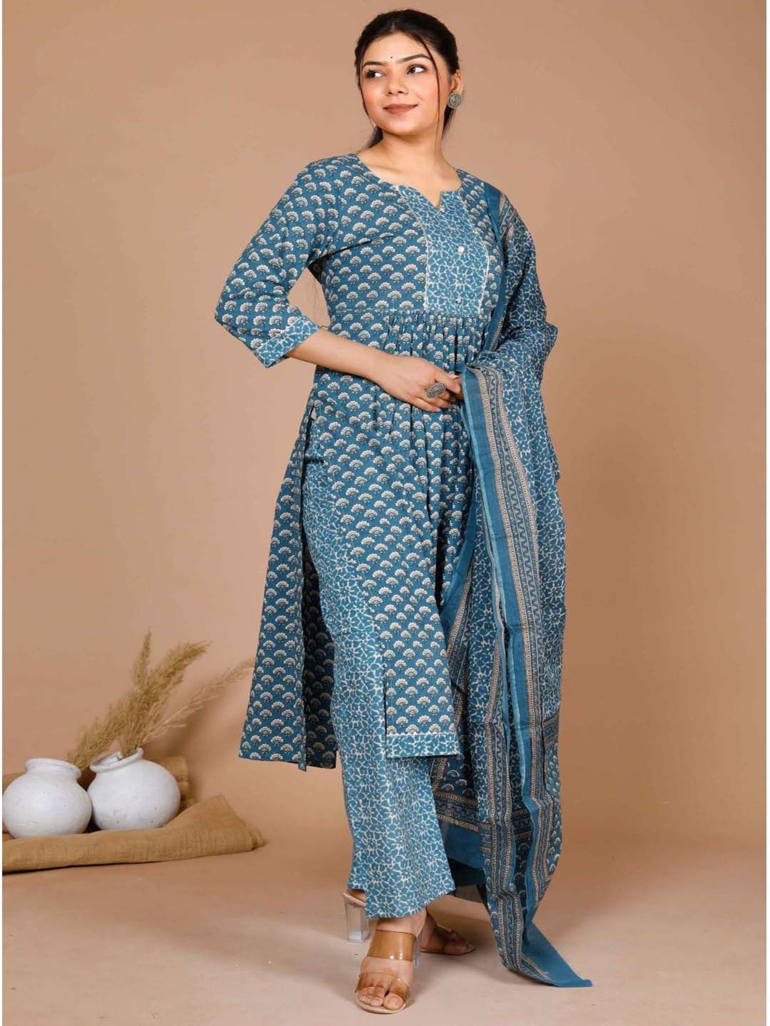 Miravan Blue Cotton Printed Kurta Pant Set With Dupatta