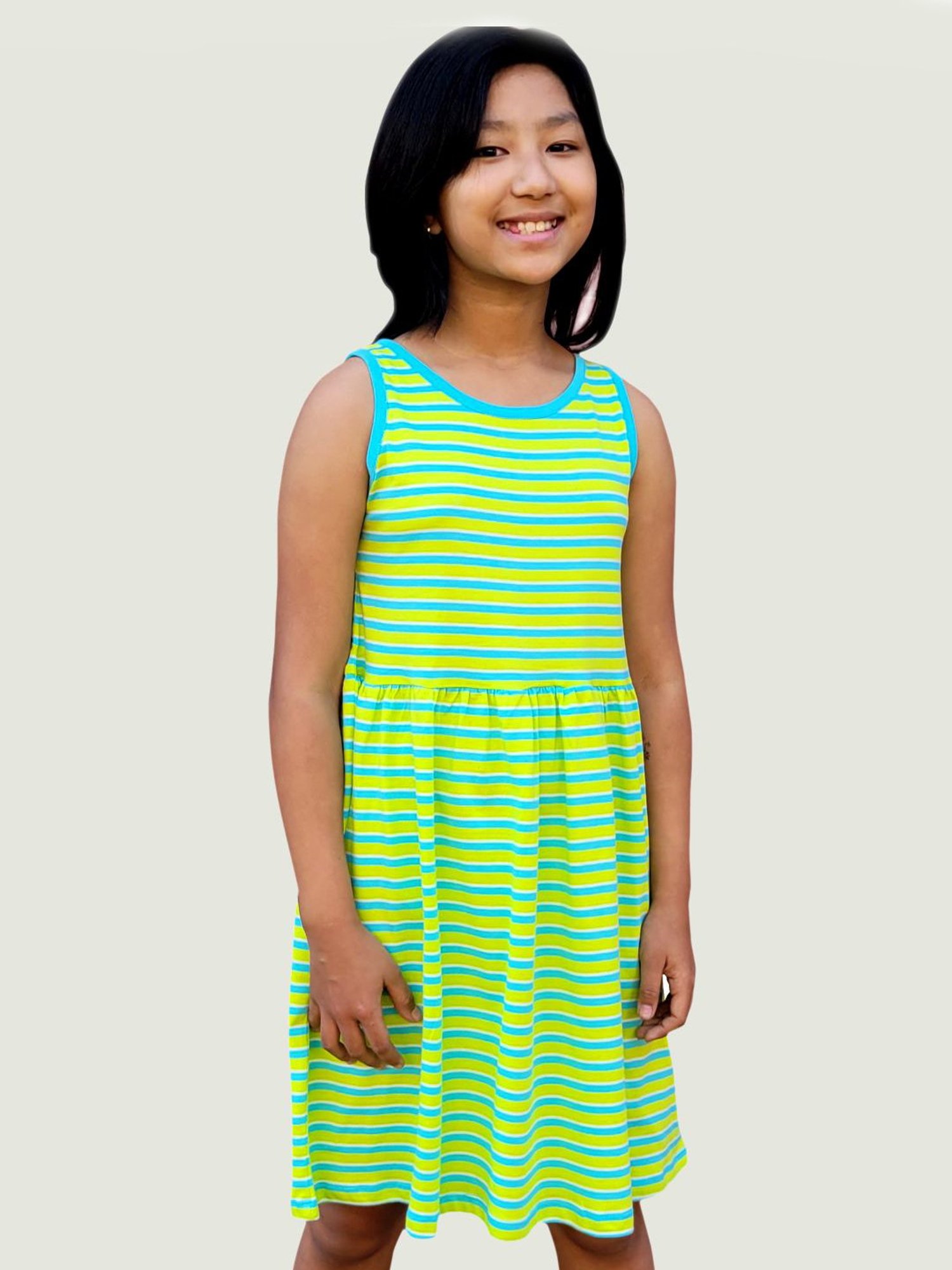 Campana Kids Lime Green & Turquoise Cotton Striped Dress