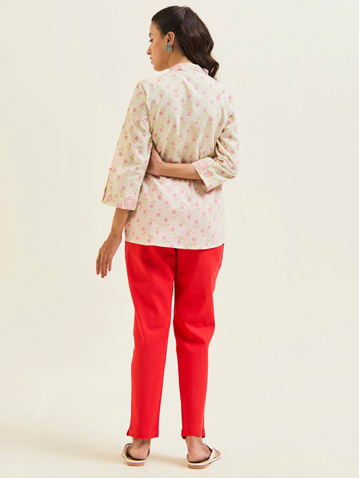 Jaipur Kurti Coral & Off White Cotton Floral Print Tunic