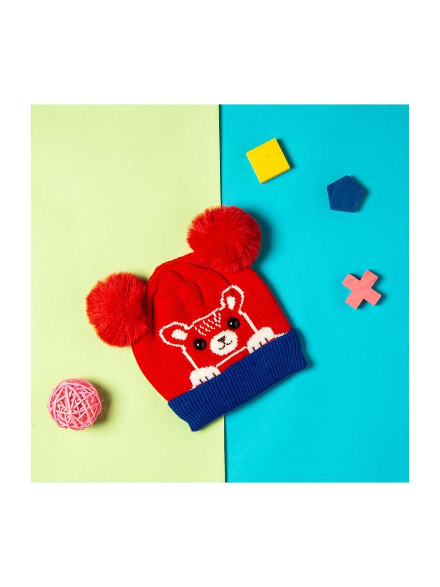 Baby Moo Kids Red & Blue Textured Woollen Cap