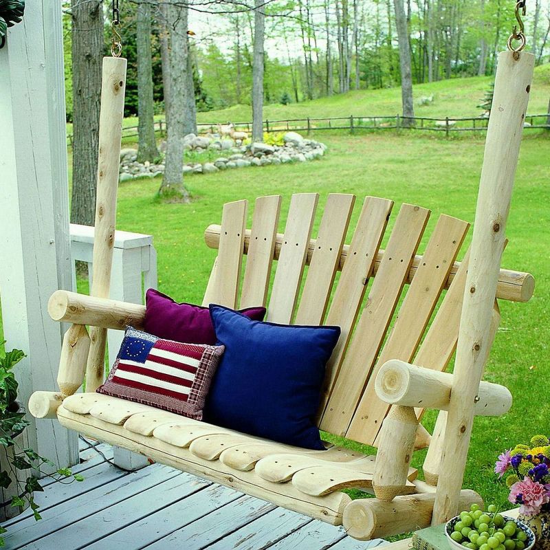 Lakeland Mills 4 Ft 3 Person Rustic White Cedar Wood Log Outdoor Porch Swing Furniture, Natural