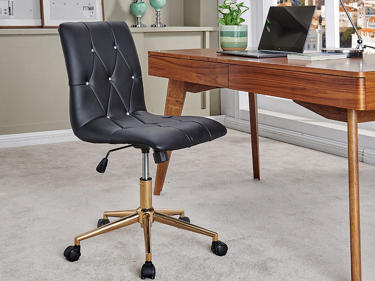 Swivel Height Adjustable Task Chair Armless PU Leather Tufted Office Chair