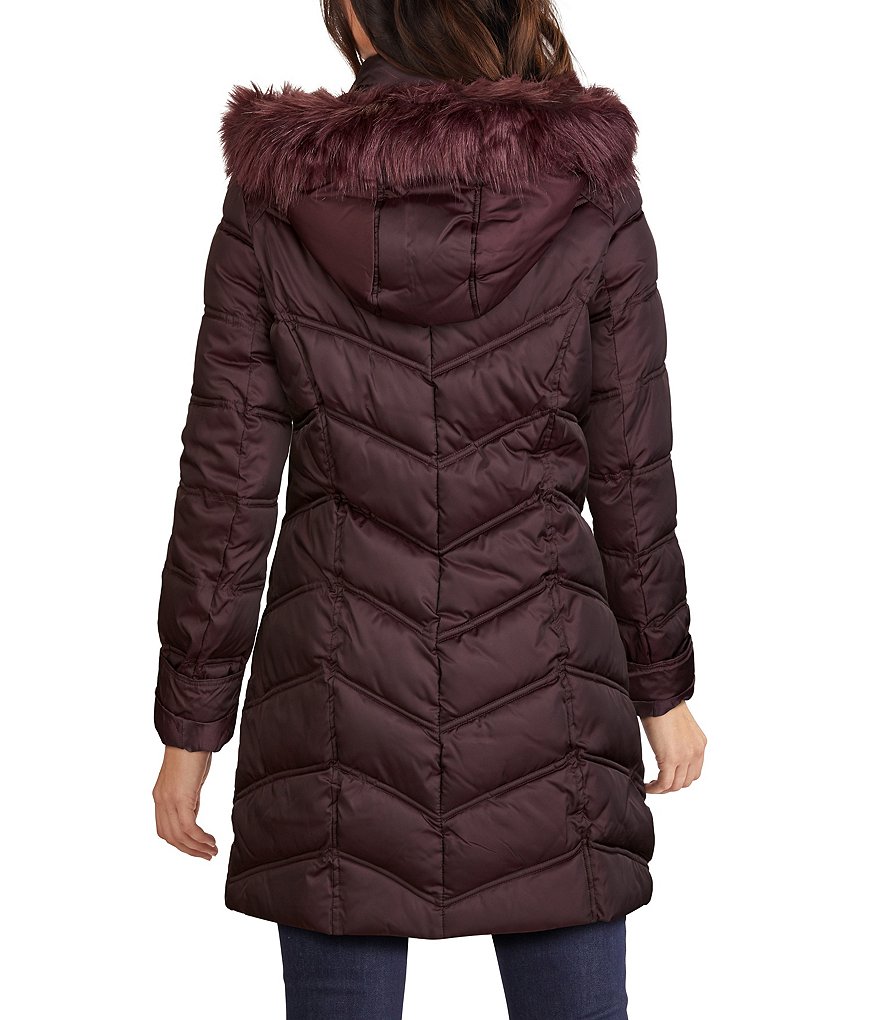 Kenneth Cole New York Faux Fur Trim Hooded Stand Collar Neck Long Sleeve Chevron Quilted Puffer Coat