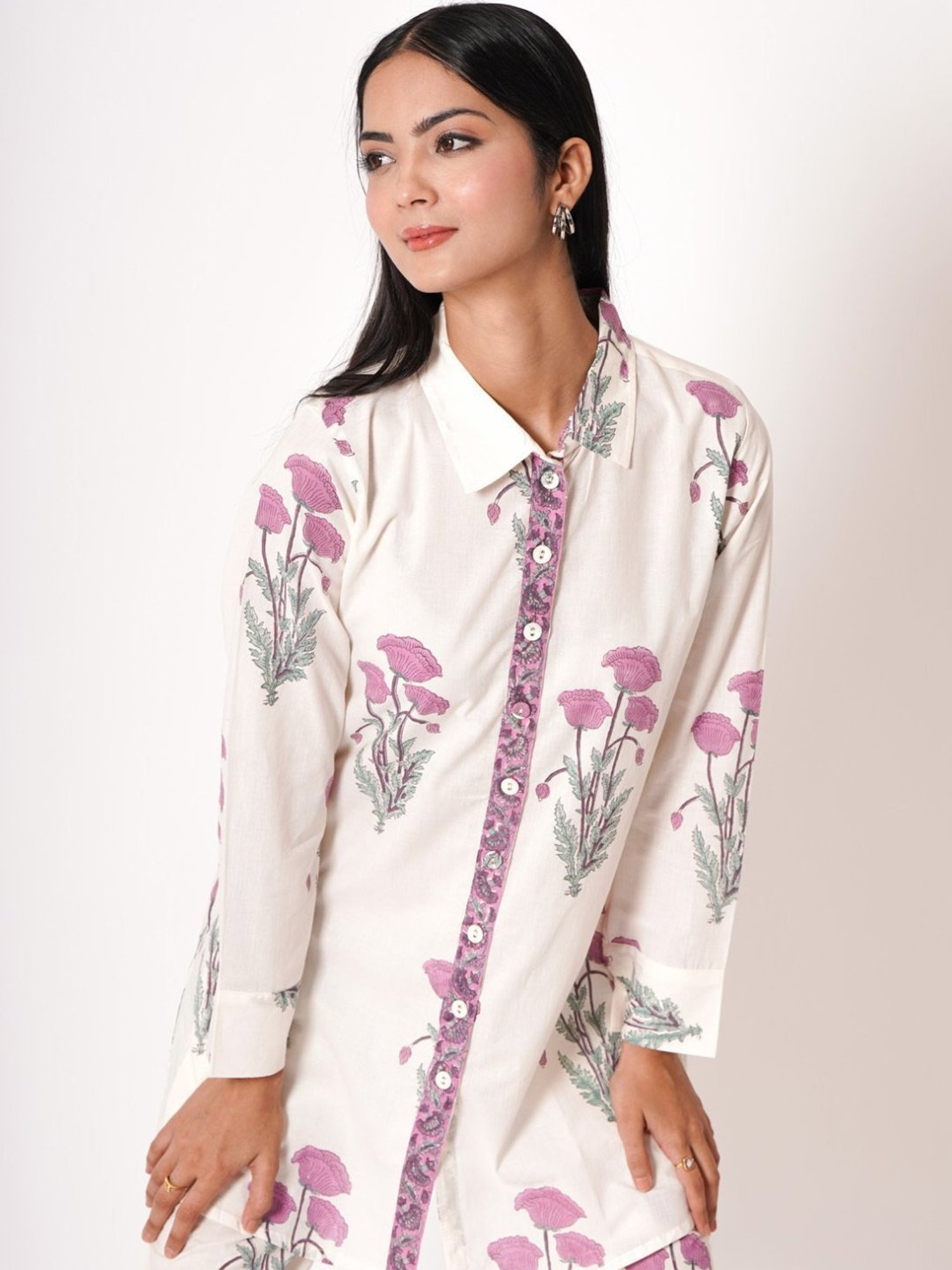 Kameez by Pooja White Handblock Floral Print Cotton Co-ord Set (Set of 2)