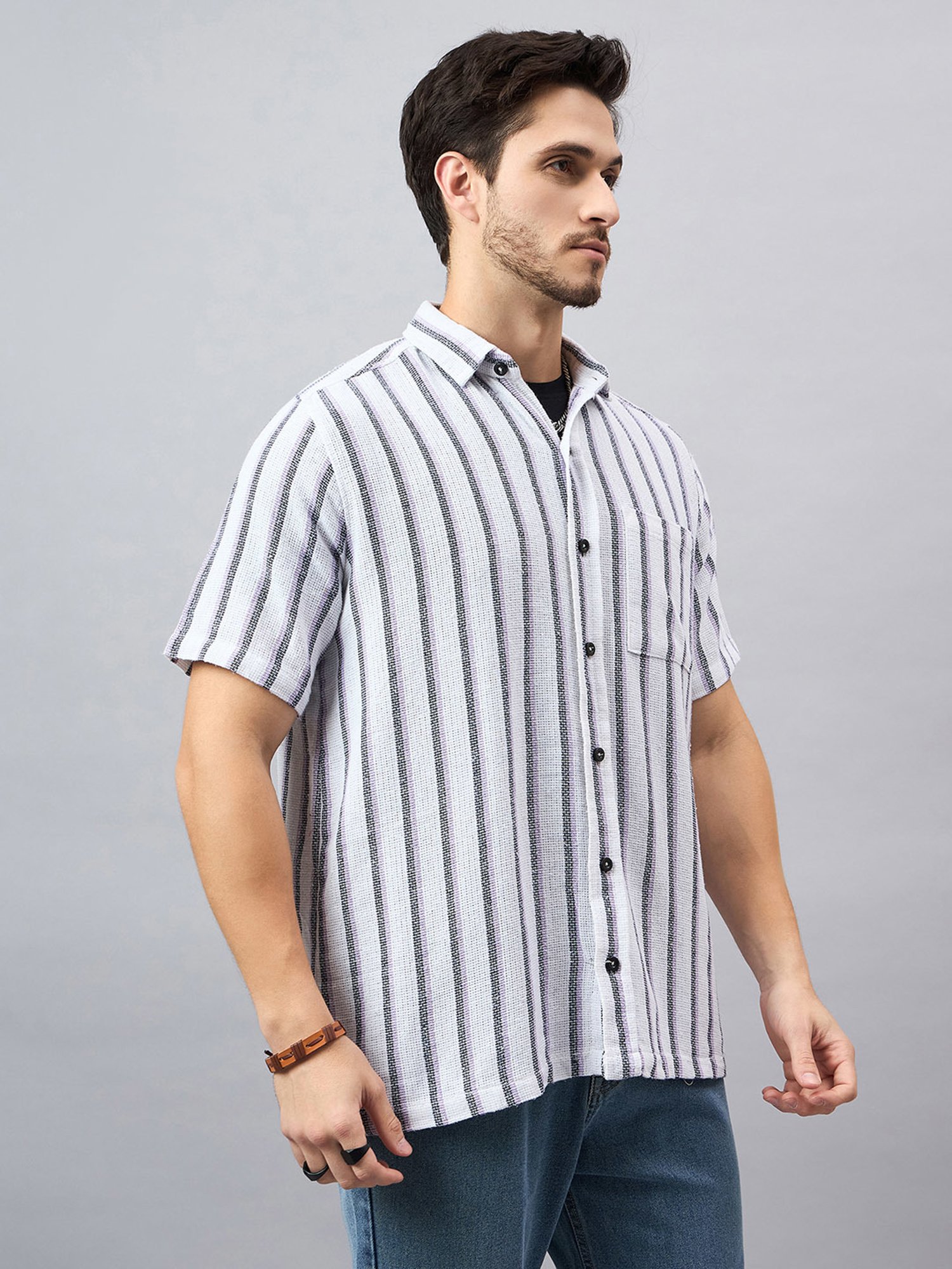 CHIMPAAANZEE White & Purple Regular Fit Striped Shirt