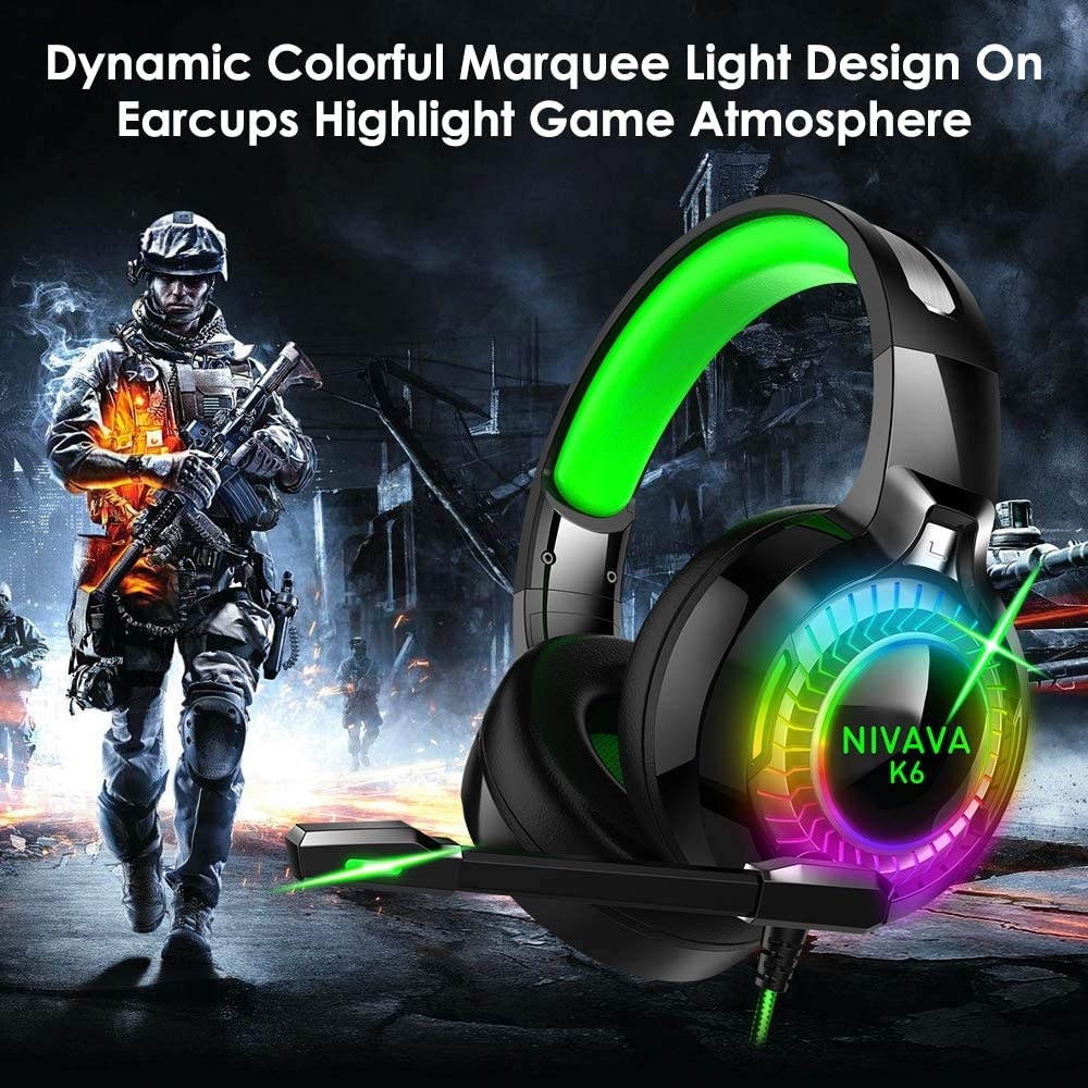 Nivava Gaming Headset for PS4, Xbox One, PC Headphones with Microphone LED Light Mic for Nintendo Switch PS5 Playstation Computer, K6