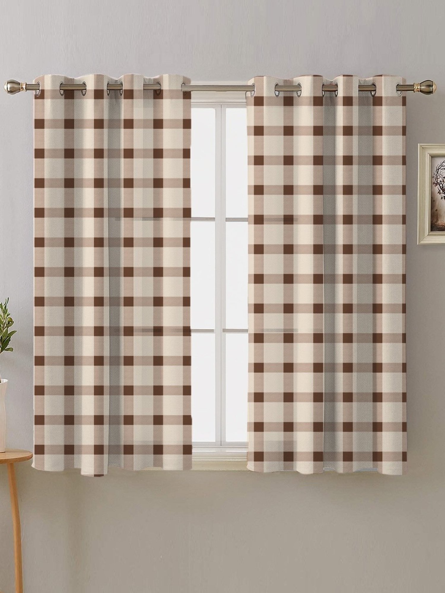 SPACES DRAPE STORY Boho Checks Beige & Brown Polyester 5 ft Window Curtains - Set of 2