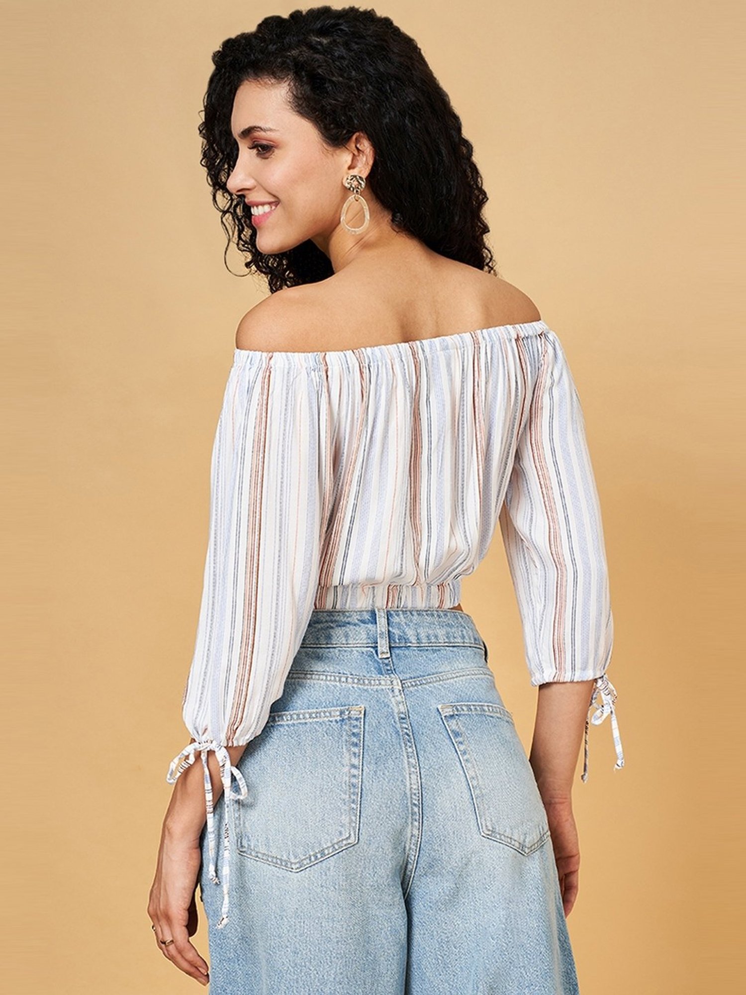 YU by Pantaloons Off-White Striped Crop Top