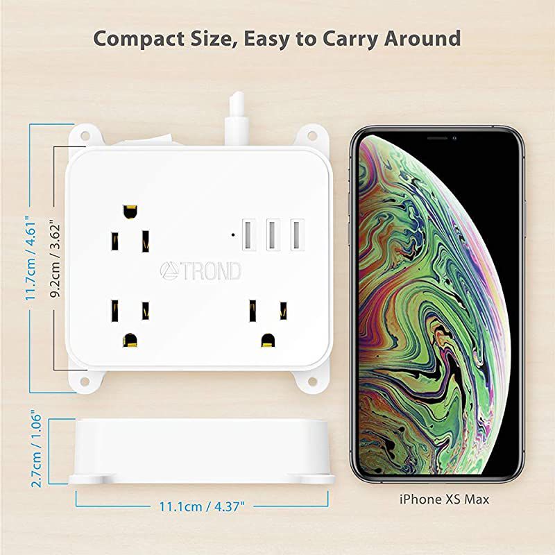 Power Strip with Long Cord  Wall Mountable 10ft Outlet Extender with 3 USB Ports 3 Widely Spaced Flat Plug Outlets Desktop Charging Station for Dorm Room Nightstand Office White