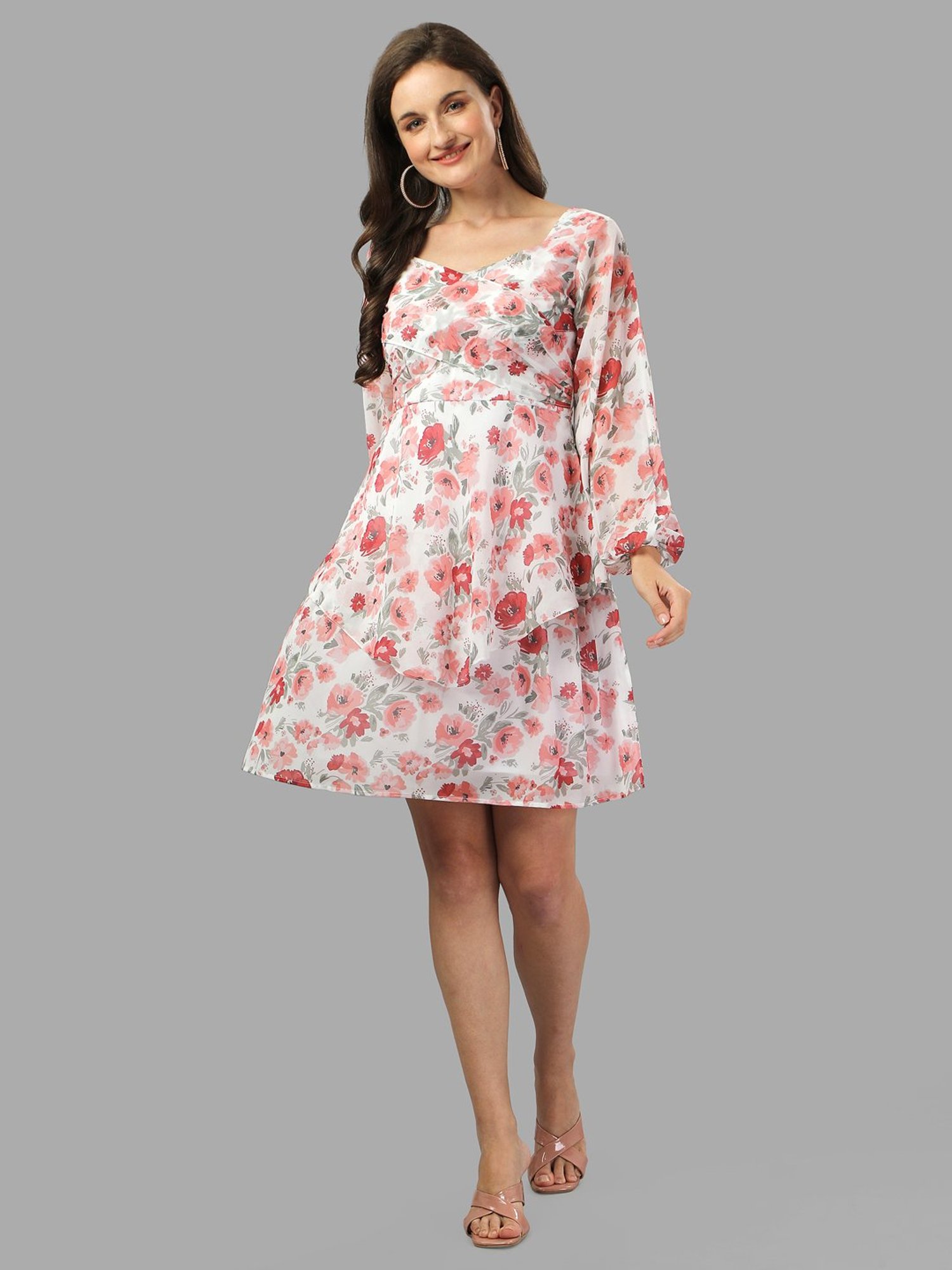 MASAKALI.CO Off-White & Pink Floral Print A Line Dress