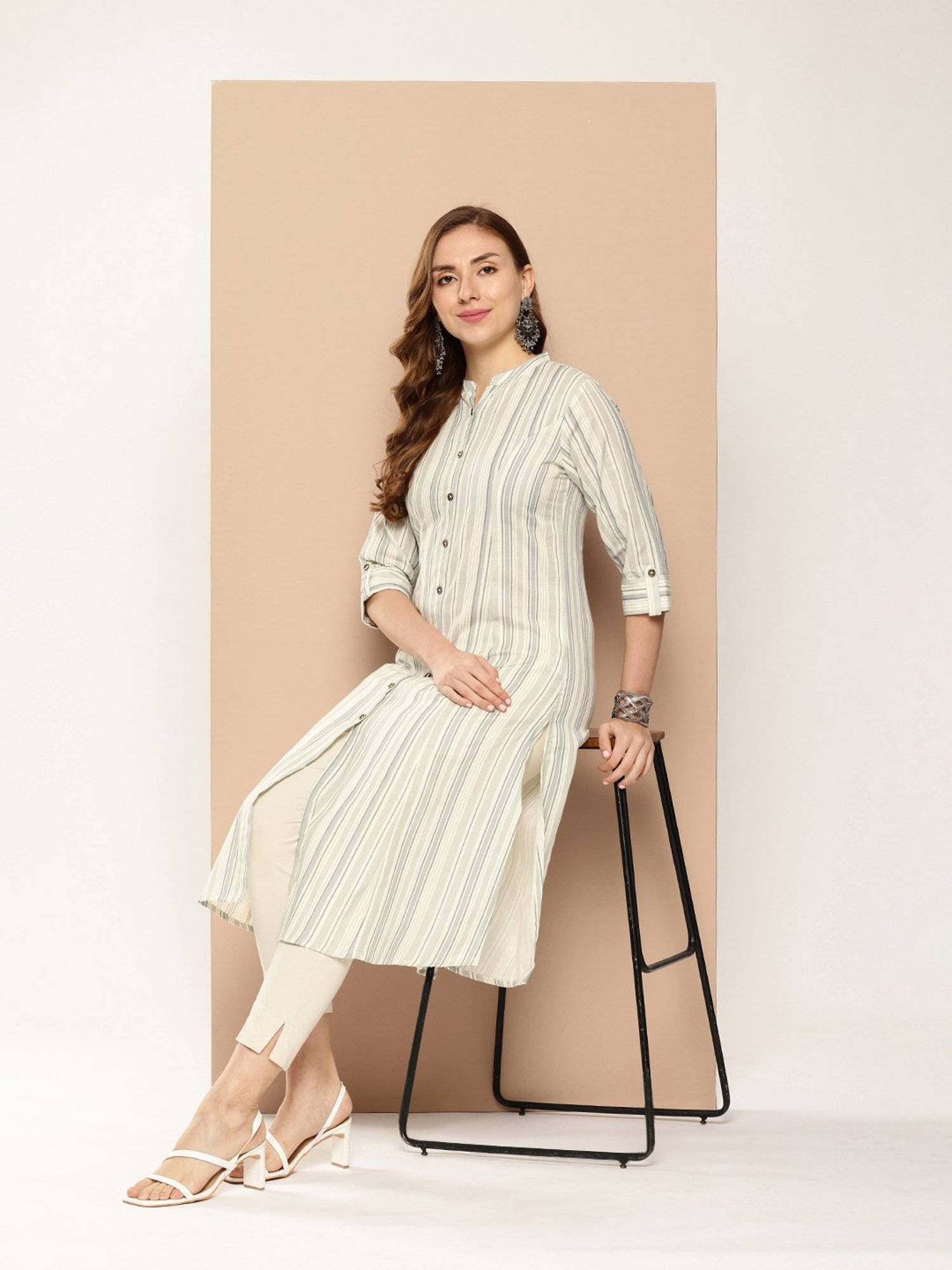 Amukti Beige Striped A-Line Kurta
