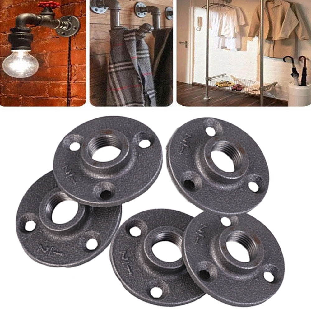 10Pcs 4 Inch Malleable Threaded Floor Flange Iron Pipe Fittings Wall Mounted Flange (Black)