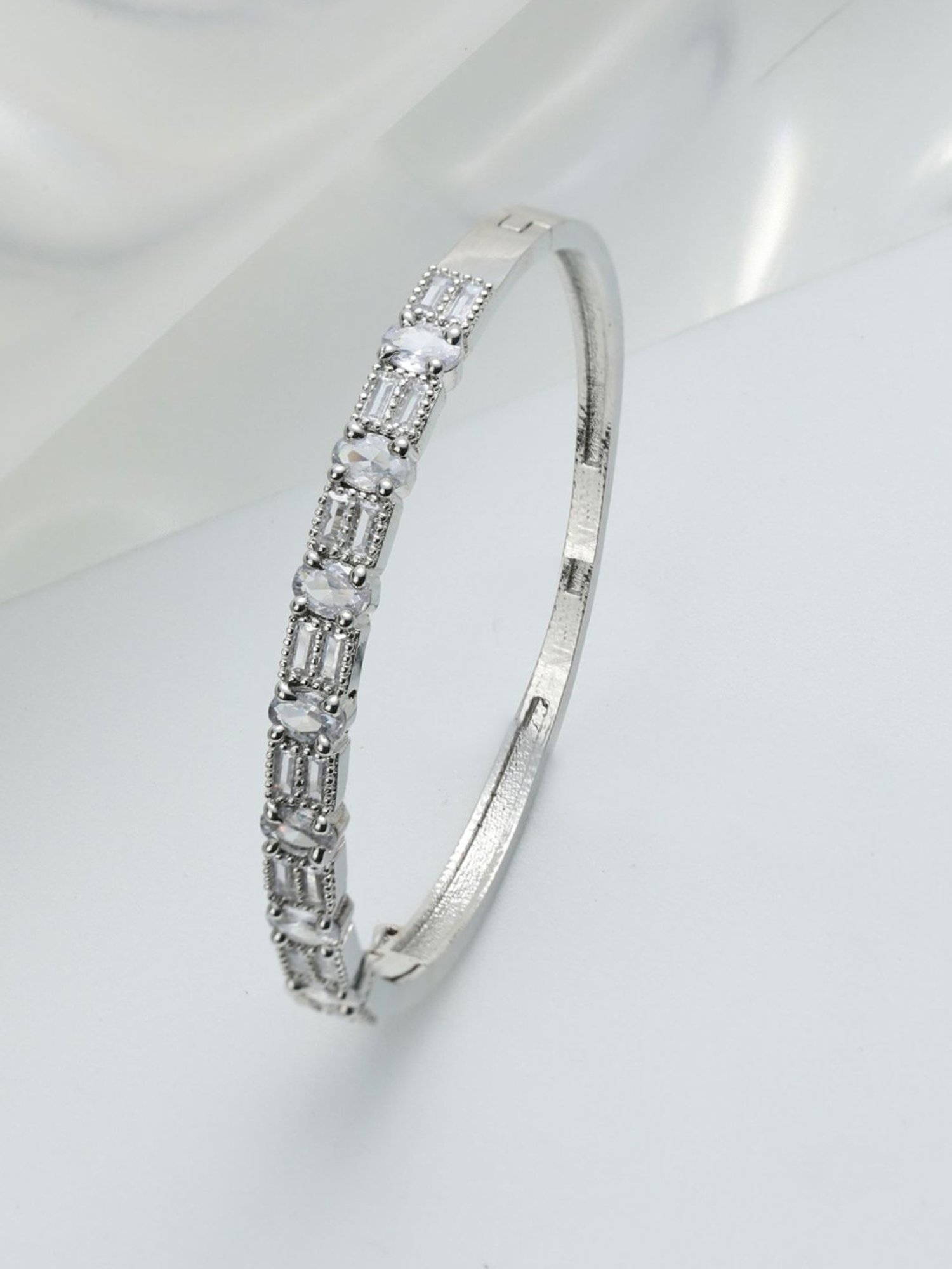 Aatmana Silver-Plated & White American Diamond Handcrafted Bangle Style Bracelet