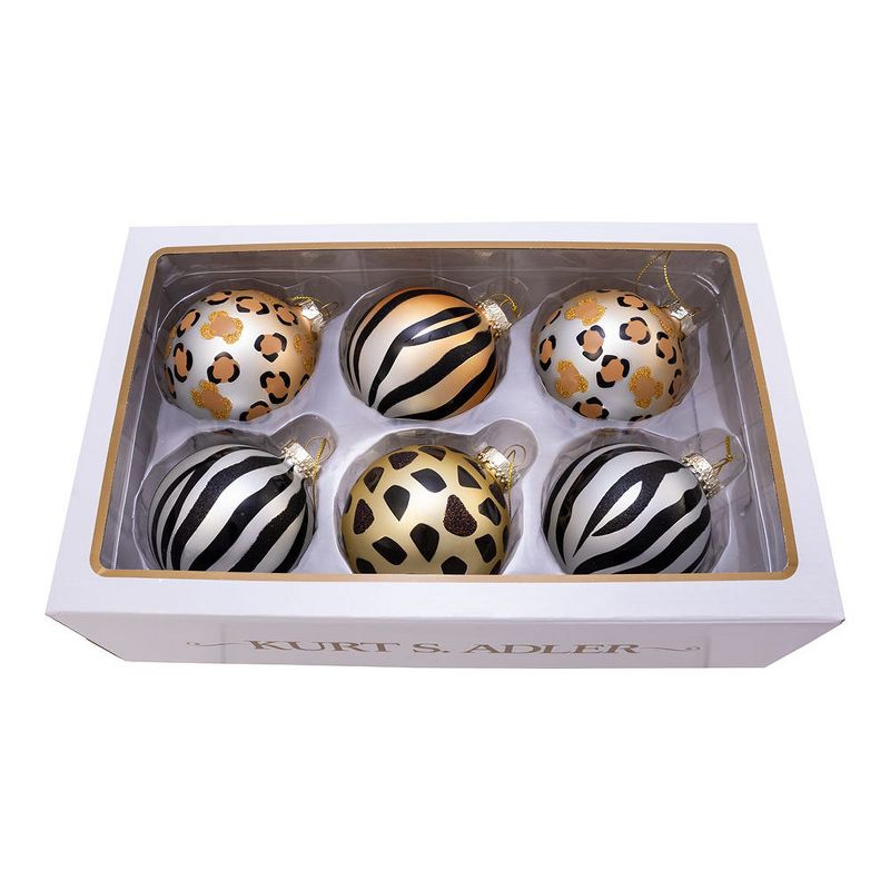 Kurt Adler 80MM Gold, Silver and Black Animal Glass Ball Ornaments, 6 Piece Box