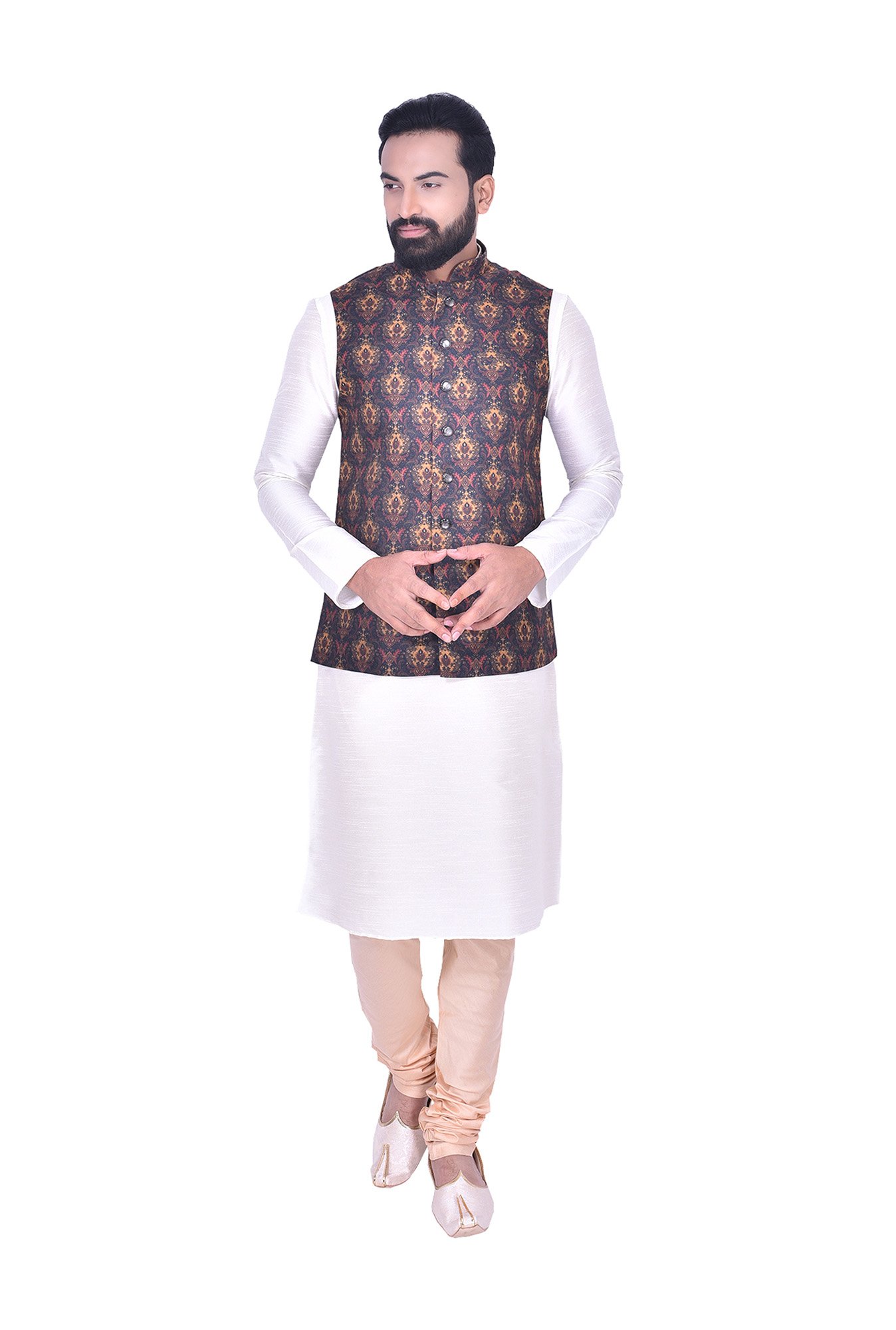 Manyavar Blue & Yellow Printed Ethnic Jacket