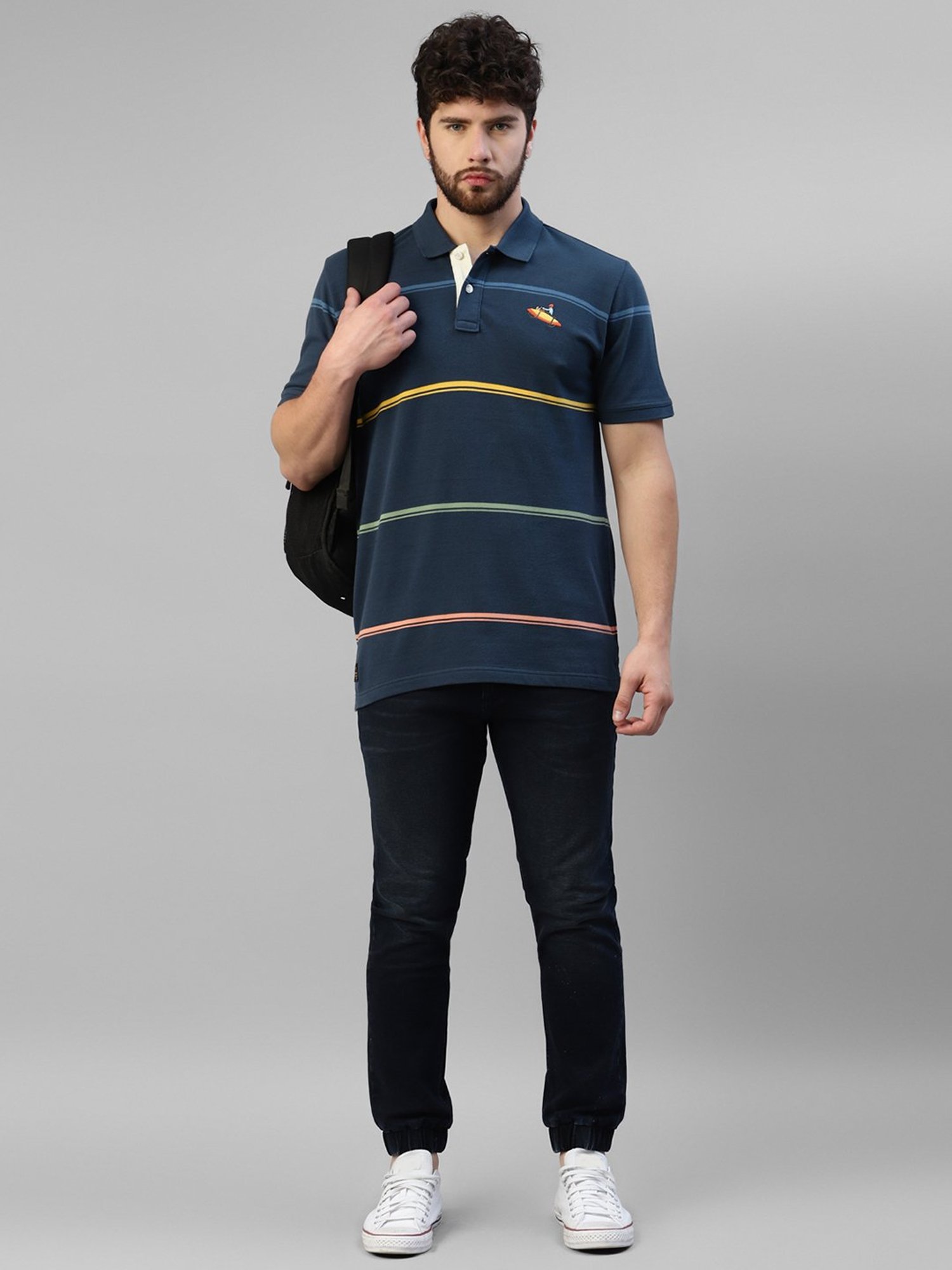 Royal Enfield Navy Regular Fit Thick & Thin Pin Polo T-Shirt