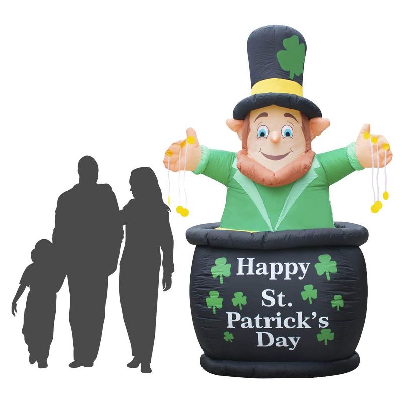 Holidayana 9 Foot Tall Inflatable St Patricks Day LED Pot of Gold Leprechaun Yard Decoration with Blower Fan, Tie Down Straps, Ground Anchor Stakes