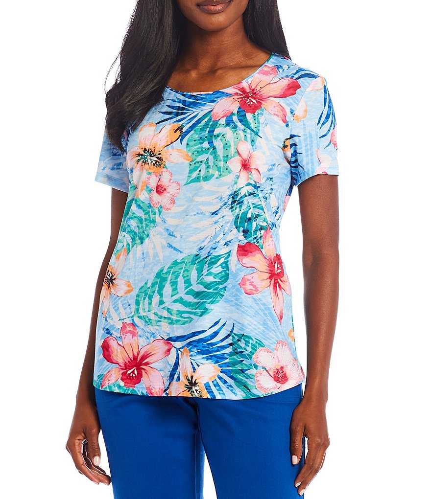 Allison Daley Petite Size Rainforest Tropical Print Embellished Front Detail Crew Neck Short Sleeve Top