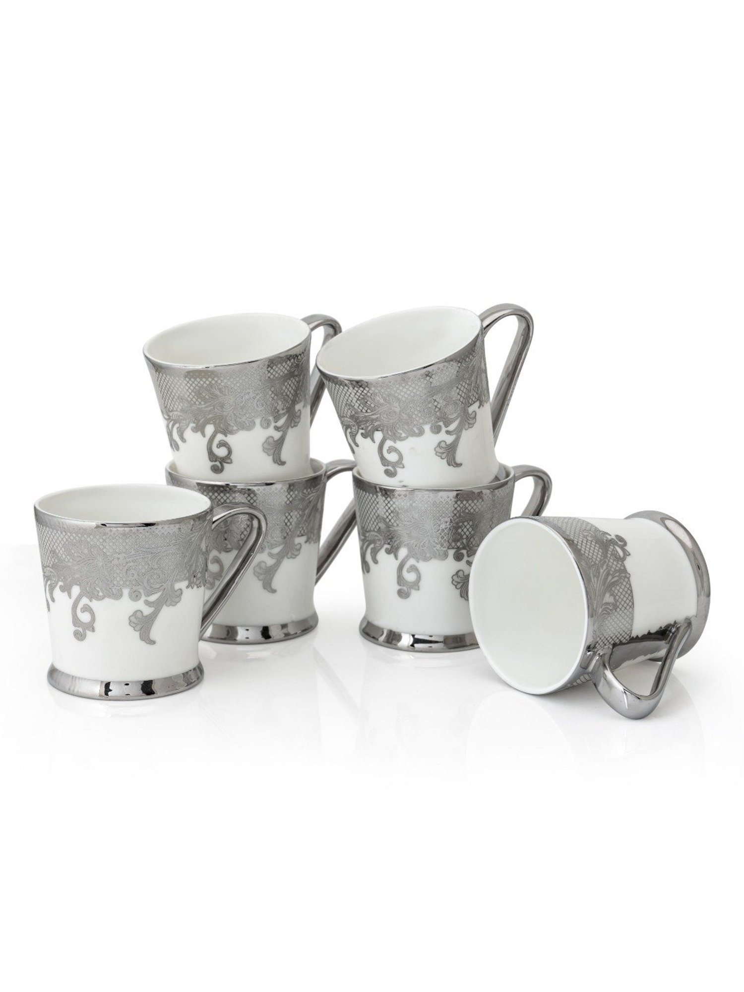 Clay Craft Printed Grey Ceramic Tea Cups- Set of 6 (200 ml each)