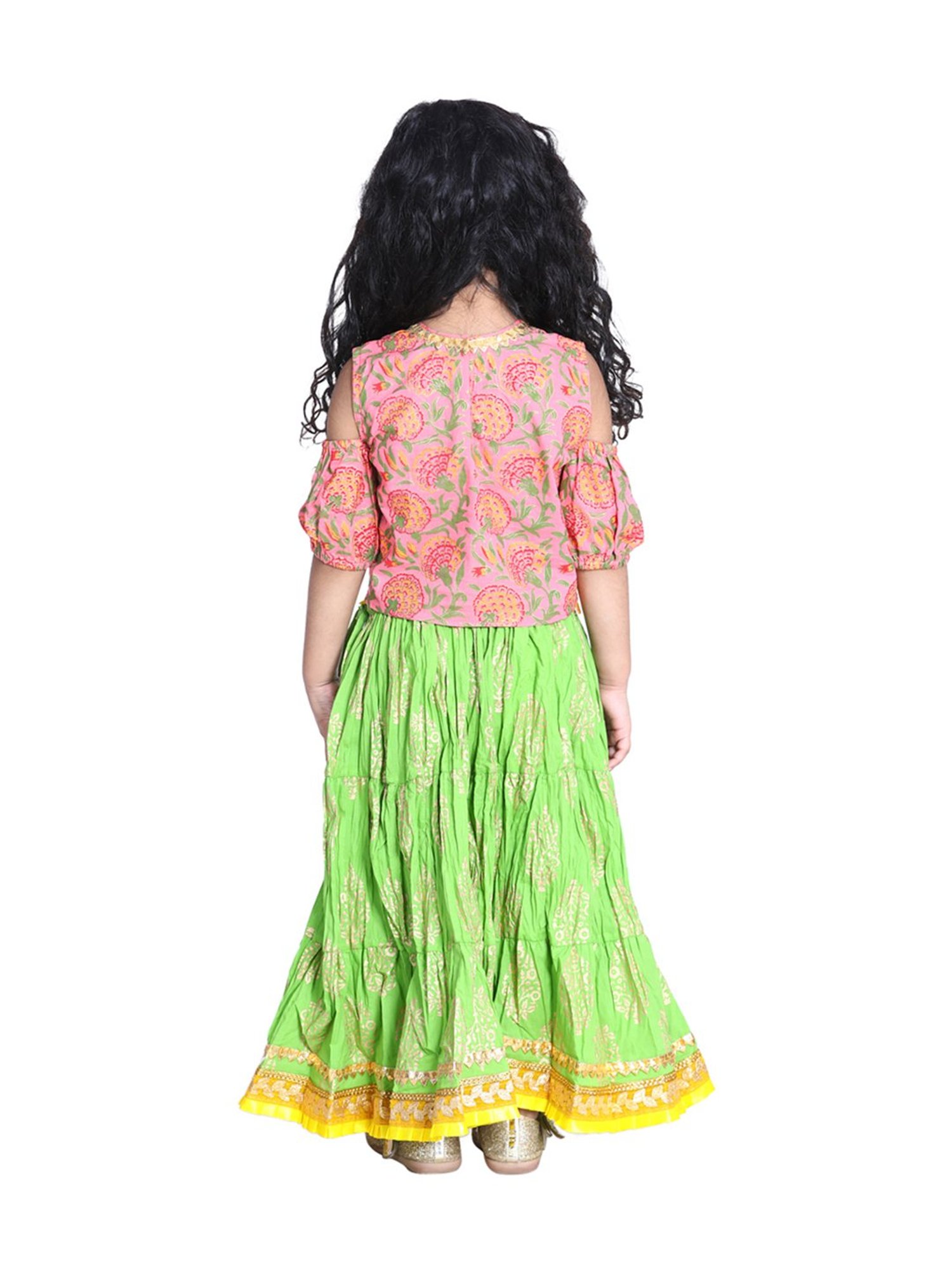 BownBee Kids Pink & Green Cotton Printed Lehenga Choli