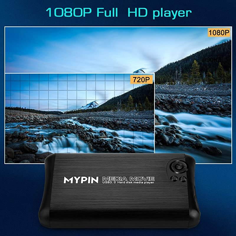 USB3.0 HDMI Media Player Support 2.5" SATA HDD with HDMI/AV/Coaxial Output, Portable MP4 Player for Videos / Music / Photos from USB Drive / SD Card / Internal or External HDD