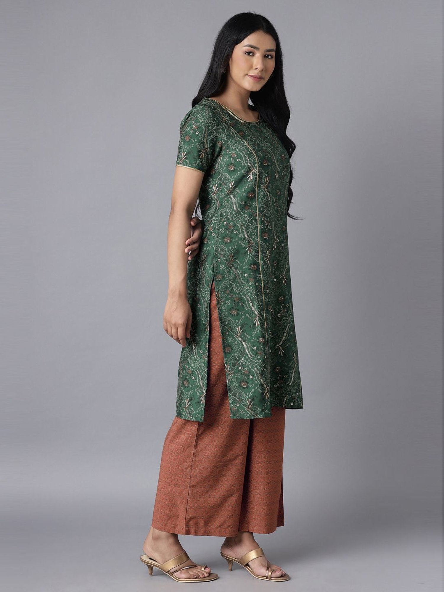 Aure by Aurelia Green & Brown Printed Kurta Palazzo Set
