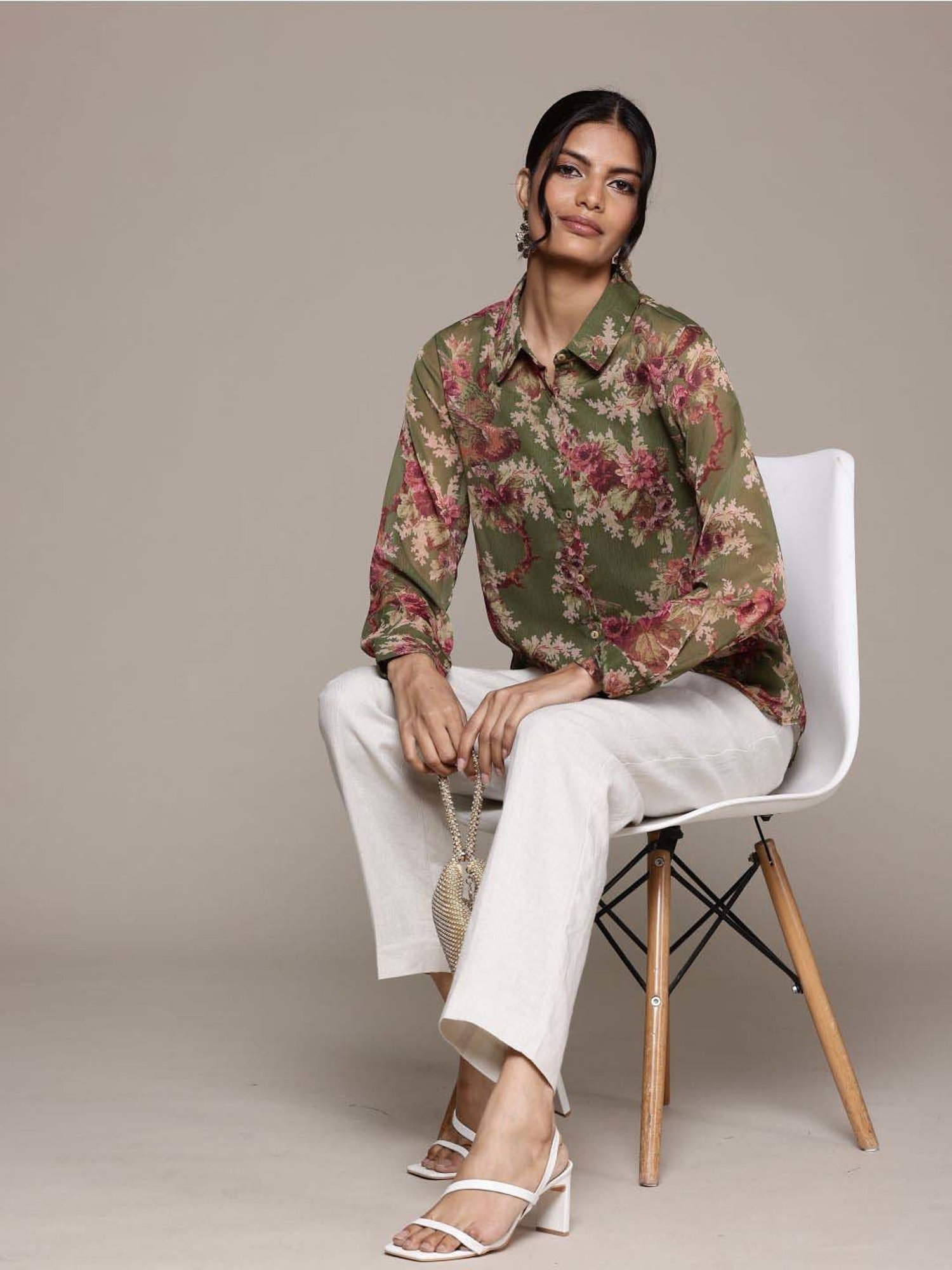 AARKE RITU KUMAR Green Floral Print Shirt With Camisole