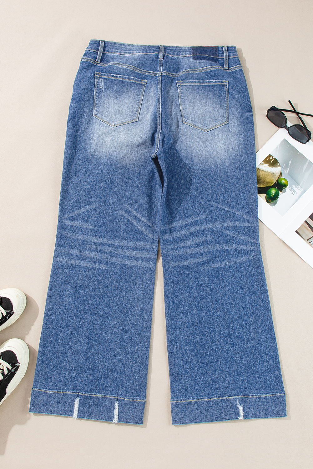 Dark Blue Plus Size Stitching Washed Flare Jeans
