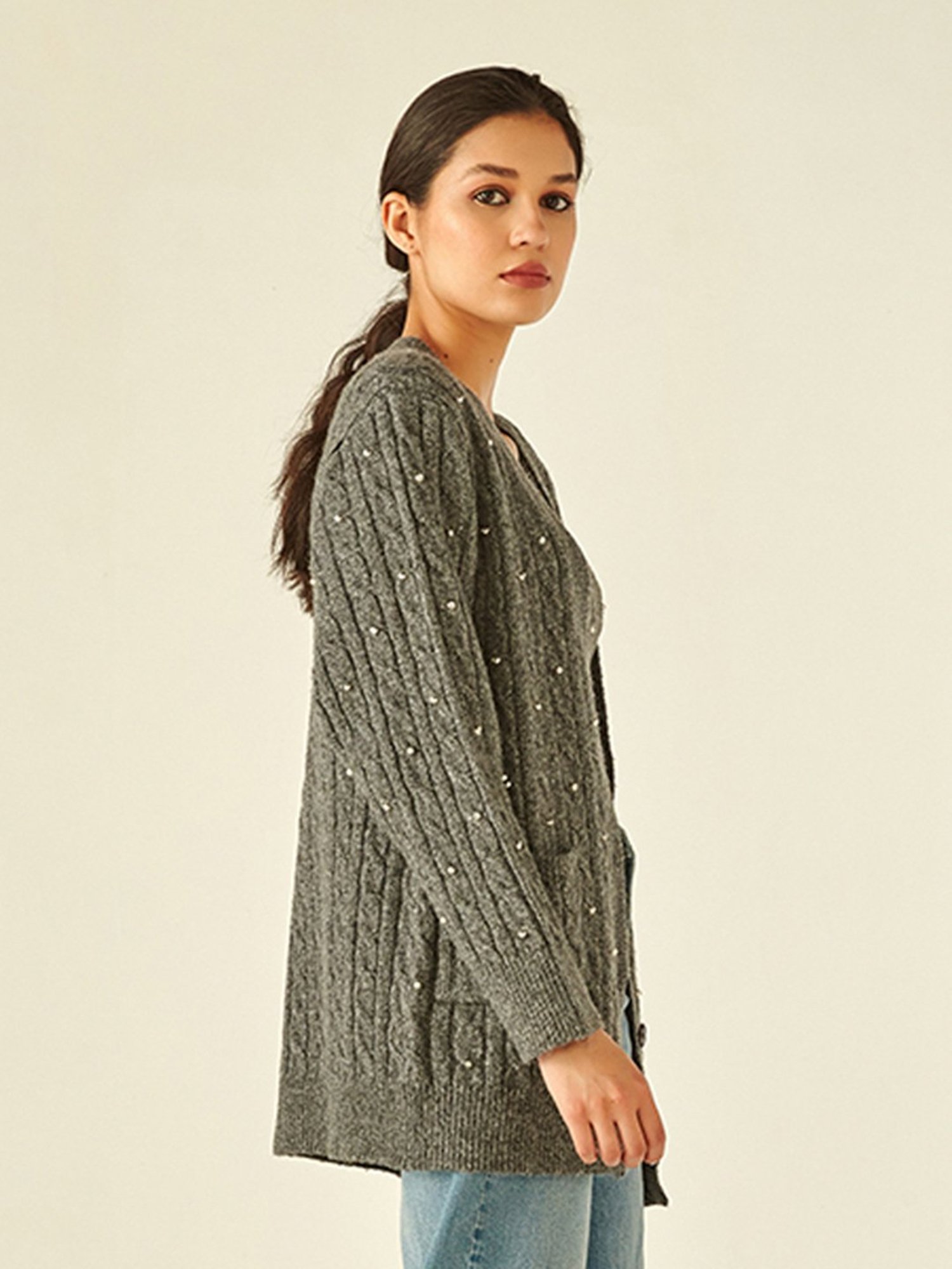 Cover Story Grey Embellished Cardigan