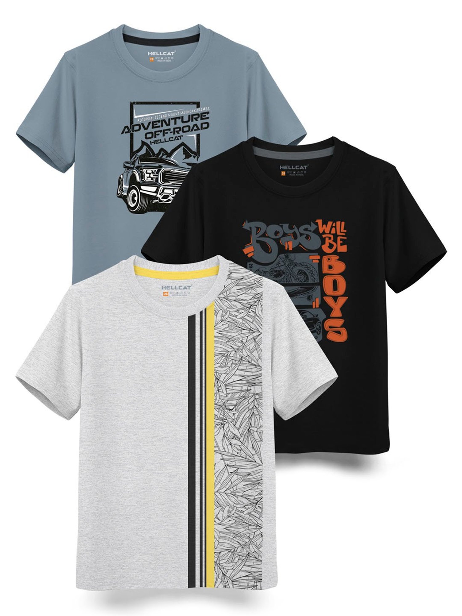 HELLCAT Kids Multicolor Printed T-Shirt (Pack Of 3)