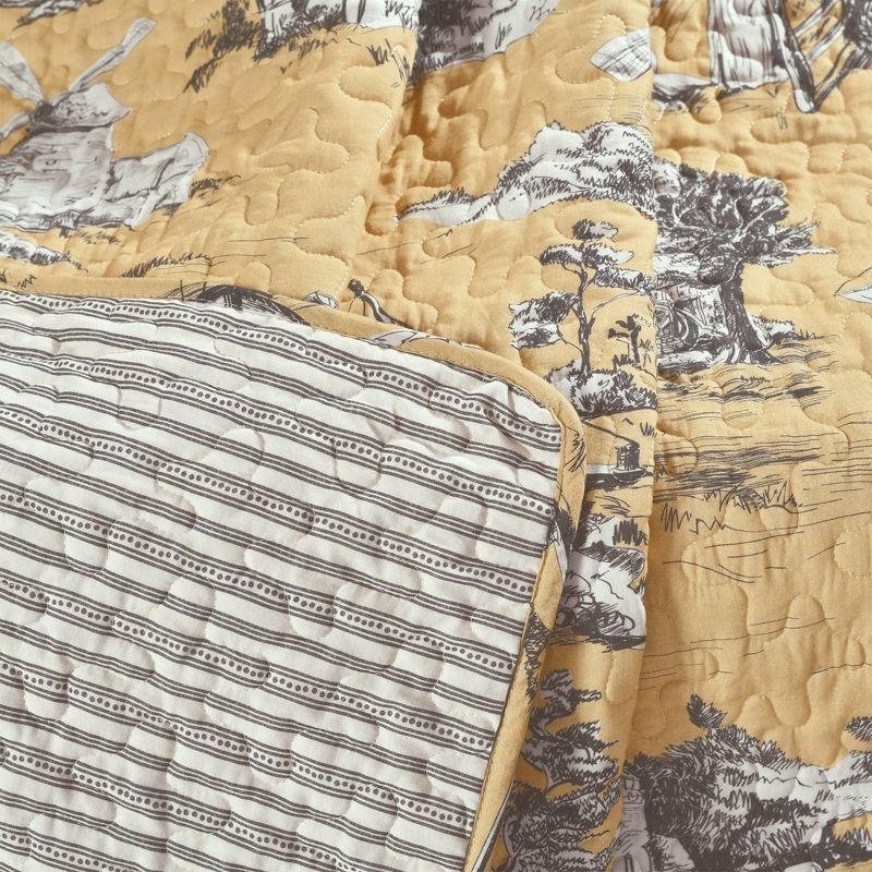 60"x50" Single French Country Toile Cotton Reversible Throw Yellow/Gray - Lush Décor
